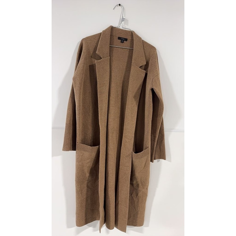 J.Crew Womens Long Brown Cardigan Sweater Wool Blend Open Front Pockets XS Tall